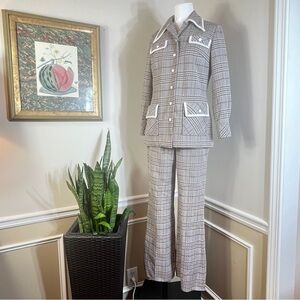 1960’s  1970’s Vintage Palena Knitwear Polyester Brown Plaid Pant & Blazer Suit